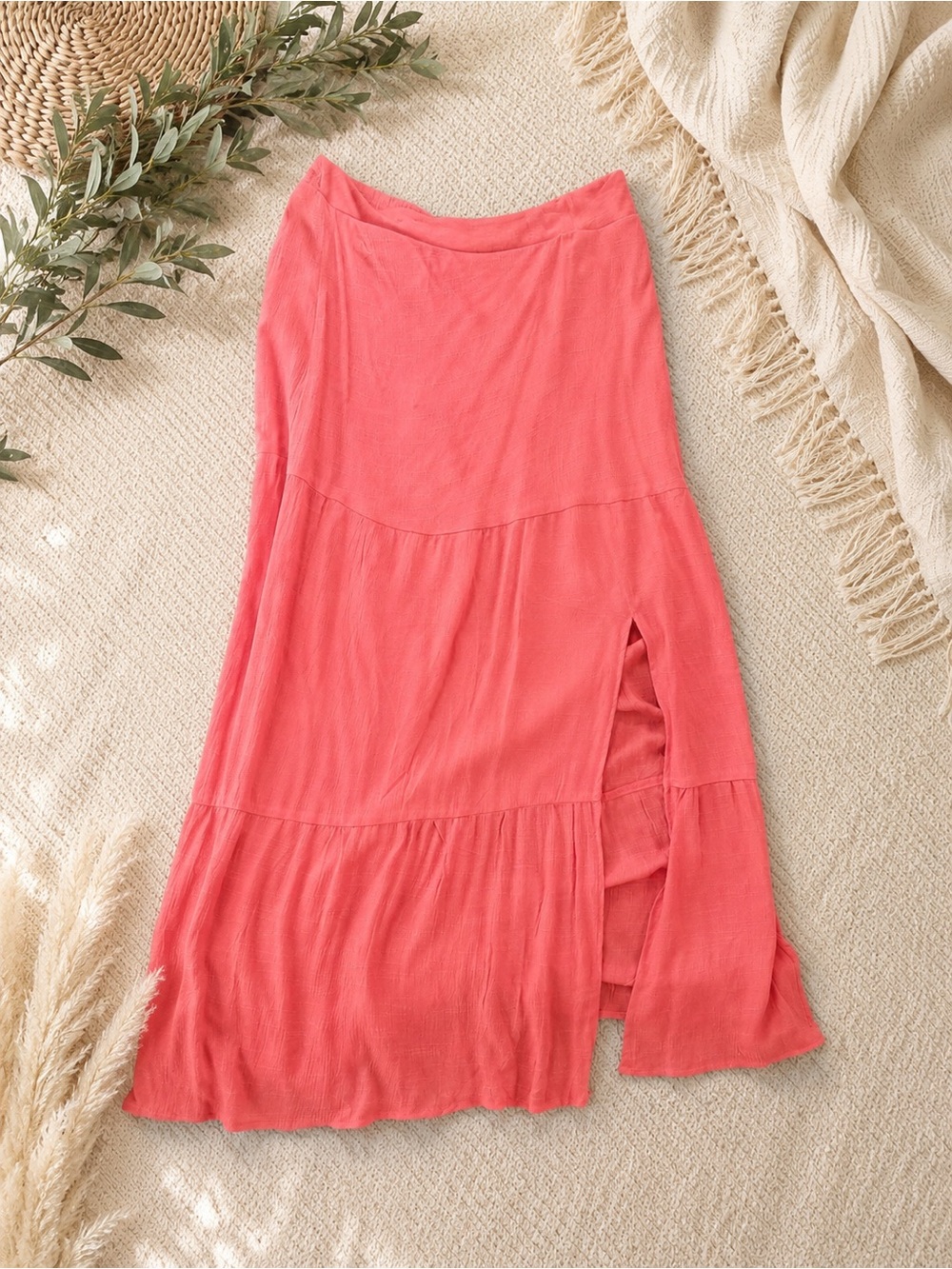 Nine West Coral-Peach Tiered Maxi Skirt with Side Slit